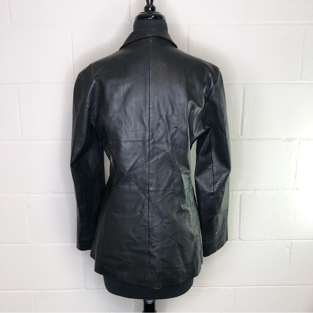 Vintage Black Leather Blazer Mob Wife 3 Button Two Pocket Front - Picture 3 of 11